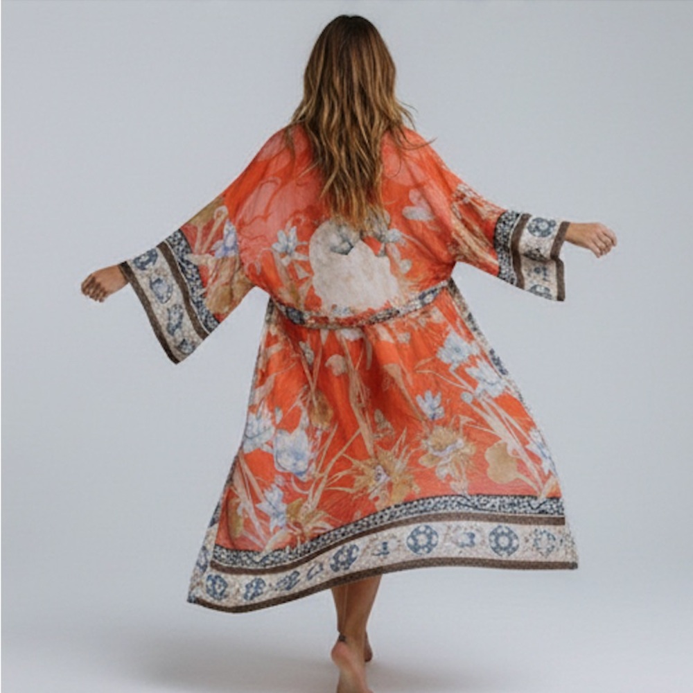 Coral Bloom Boho Kimono Cover-Up - Picture 2 of 8
